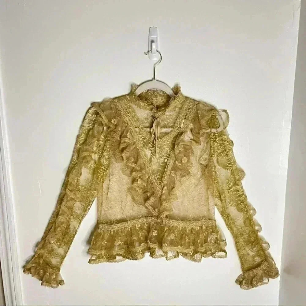 NWT Ulla Johnson Yves Metallic Gold Floral Lace Blouse - Picture 2 of 12